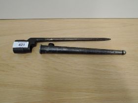 A British No 4 MKII Bayonet for the No 4 Rifle with metal scabbard, blade marked 29908, blade length