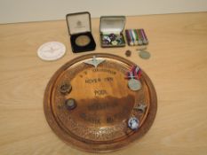 A collection of Militaria including Copper plate for the 3F Squadron, two WWII Medals and