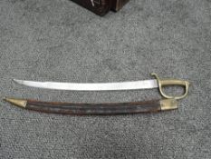 An Infantry Sword, possible 1800's with curved blade, solid brass handle and guard, blade marked GF,
