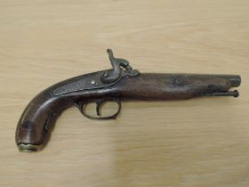 A Percussion Pistol with octagonal barrel, no markings or proof marks seen, brass compartment on