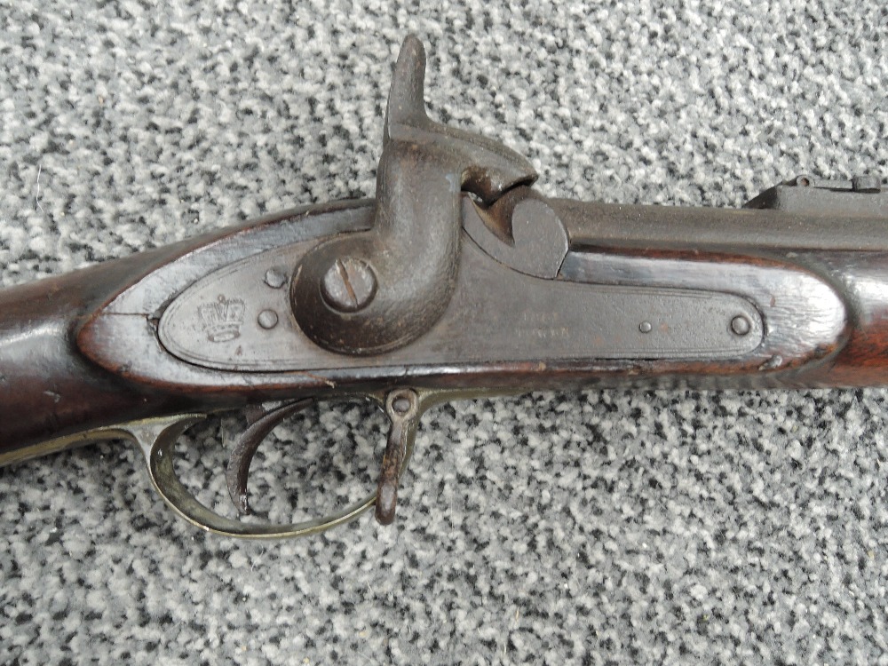 A British Percussion Musket missing percussion nipple, no ramrod, lock plate marked with a Crown, - Image 3 of 3
