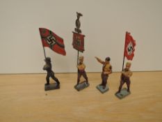 Four Elastolin Lineol Third Reich Figures, Flag Bearer wearing brown shirt, Flag Bearer German