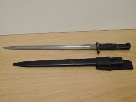 A German/Belgian Mauser Export Bayonet with metal scabbard, blade length 38cm, overall length 51cm