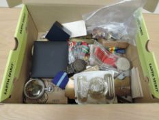 A box of Military and similar Badges and Medals also Pocket Watch with military mark, compass,