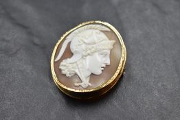A conch shell cameo depicting a centurion in profile in a plain gold mount, marks worn