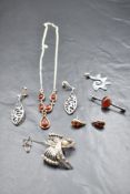A small selection of silver and white metal jewellery including Baltic Amber necklace with