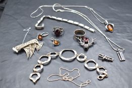 A small selection of silver jewellery including Baltic Amber pendant & earrings, filligree brooch,
