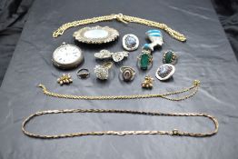 A small selection of silver and white metal jewellery including small pocket watch, rings,