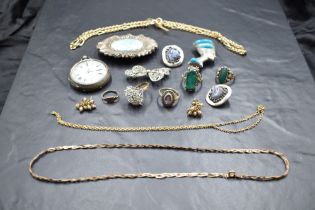 A small selection of silver and white metal jewellery including small pocket watch, rings,