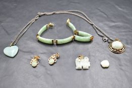 A small selection of jadeite jewellery including panelled bracelet with 14carat gold fittings,