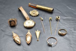 A selection of 9ct gold and yellow metal, some stamped 9C, many pieces damaged, including hollow