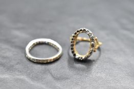 Two damaged diamond chip set rings, one yellow metal, the other white metal probably platinum,