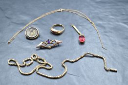 A selection of broken 9ct gold and yellow metal jewellery, many pieces stamped 9ct including chains,