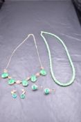 A selection of green stone jewellery including 9ct gold necklace with five green cabochon stones,