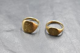 Two 18ct gold signet rings, both having worn monograms, sizes G/H & 7.6g gross
