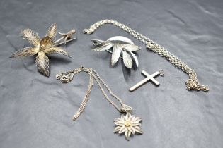 A small selection of HM silver and white metal jewellery including filligree brooch and pendant,