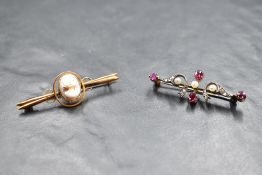 A yellow metal bar brooch having diamond, ruby and seed pearl decoration, no marks and another bar