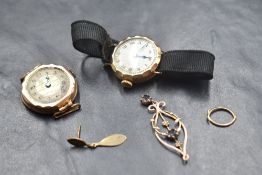 A small selection of 9ct gold and yellow metal stamped 9ct including two vintage wrist watches,