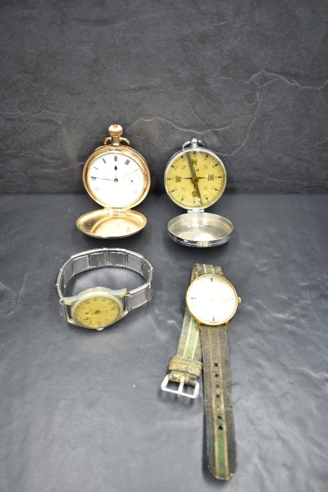 A gold plated hunter pocket watch by Waltham, vintage wrist watch by Leonidas, another similar by
