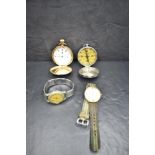A gold plated hunter pocket watch by Waltham, vintage wrist watch by Leonidas, another similar by