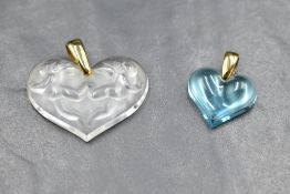 A Lalique glass heart shaped pendant with cherub decoration and engraved signature en verso, with