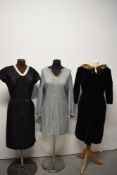 Three 1960s dresses, including dramatic black velvet dress with mink collar and pale blue lurex