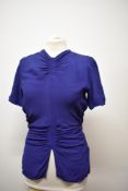 A 1940s Royal blue crepe blouse, having gathers to bodice and waist, side metal zip and tie
