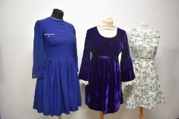Three 1960s commercially made 1960s mini dresses, including Royal purple velvet dress with fluted