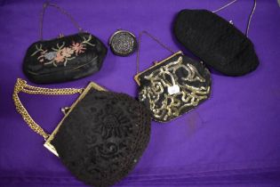 Four vintage evening bags, including 1920s embroidered satin bag, 30s sequinned bag and Italian made