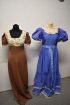 Two 1970s maxi dresses, including purple taffeta dress with After six label.