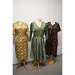 Two vintage 1950s-60s dresses, having oriental prints and another 1960s dress, larger sizes.