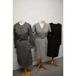 A grey wool 1950s day dress with belt, a 1960s wool blend wiggle dress with metallic gold thread