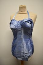 A pale blue cotton sateen strapless/ halter neck bathing suite, having shirred back, medium size.