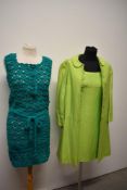 A 1960s emerald green crochet dress and a 1960s lime green Shubette dress with matching coat.