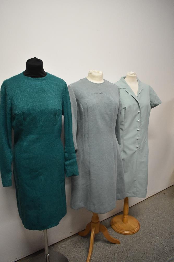 Three vintage 1960s dresses, including pure new wool dress in duck egg blue and forest green wool