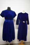 Two 1950s Royal blue velvet dresses.