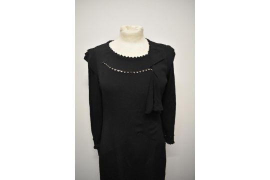 A 1930s black crepe bias cut day dress, having panelling to skirt, unusual triangular hatching to - Image 1 of 16