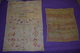 Two samplers, one worked by Eliza Coppock aged 13 dated 1835 and the other having depictions of