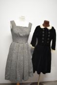 A simple yet highly effective 1950s grey wool pinafore with full pleated skirt, square neckline