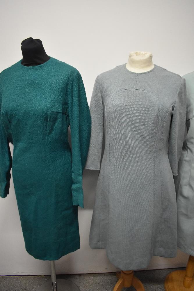 Three vintage 1960s dresses, including pure new wool dress in duck egg blue and forest green wool - Image 2 of 3