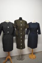 Three vintage 1960s day dresses, including thick wool striped dress with buttons and faux pockets to