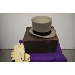 A vintage grey 'Kirsop of Glasgow' top hat with case and two pairs of gloves.