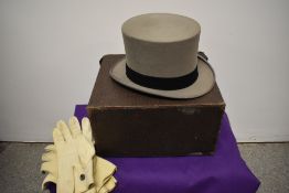 A vintage grey 'Kirsop of Glasgow' top hat with case and two pairs of gloves.