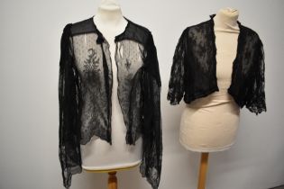 Two 1930s black lace jackets/boleros, both AF, one having beautiful wide scalloped sleeves.