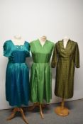 Three vintage dresses in various shades of green, including 1950s teal blue/ green iridescent