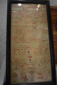An 1804 dated needlework sampler, worked by Martha Smart age 9, having religious verse, birds,