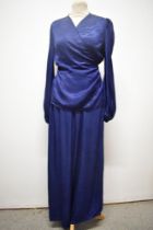 An unusual lounge wear set in navy blue patterned satin backed crepe, comprising wide legged