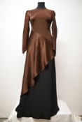 An unusual Art Deco 1930s two toned black and mahogany evening gown, panelled V necked bodice, using