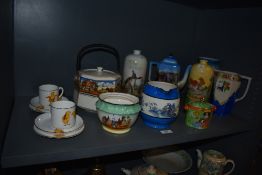 An assorted collection of decorative ceramics, including an L & Sons blue and white jug with