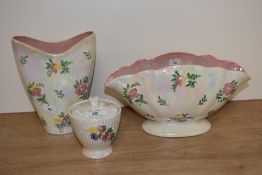 Two Maling ware vases having lustre finish with floral sprigs and a similar trinket pot.